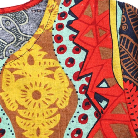 Cotton Pattern Printed Short Sleeve O-Neck Dresses - Picture 4 of 4